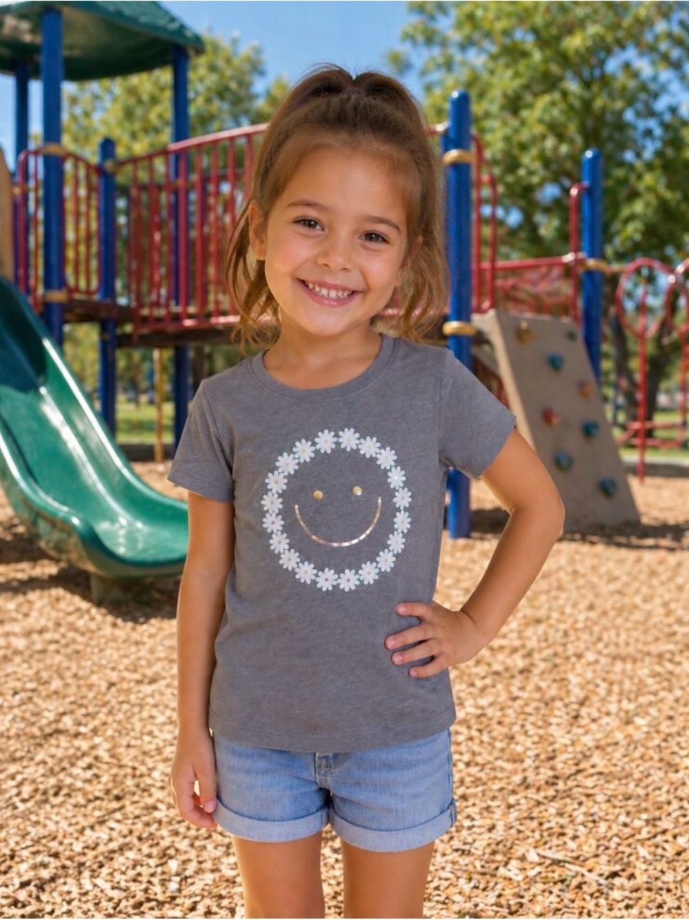 Cat & Jack Gray Daisy Smile Short Sleeve Tee
